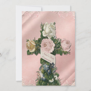 Vintage Elfenbeinküste und Korallenrosa Erste Komm Einladung