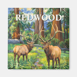 Vintage Elk Redwood California Forest Oil Painting Magnet