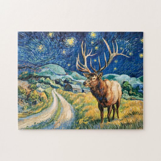 Vintage Elk Starry Night Van Gogh Countryside Puzzle (Horizontal)