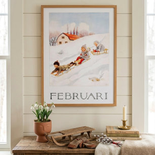 Vintage Elsa Beskow Februar Schlittenfahren Kinder Poster