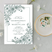 Vintage Emerald Floral Line Art Script Wedding