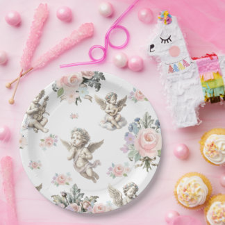 Vintage-Engel Cherubs und Pastell-Blumenfliesen Pappteller