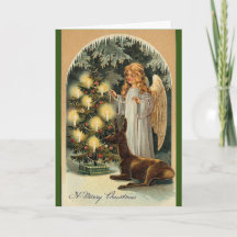 Vintage Engel & Deer Decorate Tree Weihnachtskarte