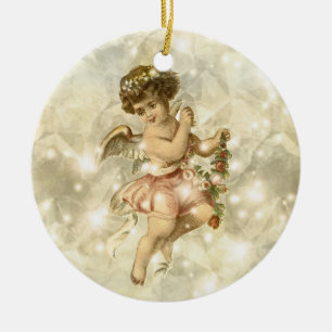 Vintage Engel Glitterndes Gold V2 ID136 Keramik Ornament