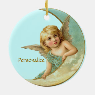 Vintage Engel im Mond Ihr Name Weihnachtsanhänger Keramikornament