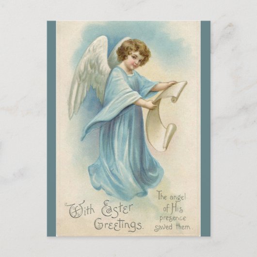 Vintage Engel mit Ostergrüßen auf einer Schriftrol Postkarte (Vorderseite)