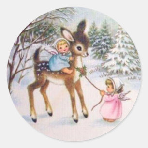 Vintage Engel mit Weihnachtsbabyreh Runder Aufkleber