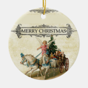 Vintage Engel Reitpferde Weihnachtsbaum Keramik Ornament