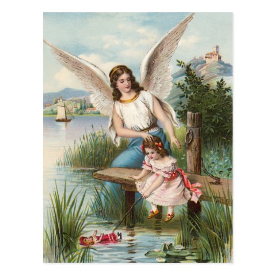 Vintage Engel Schutzengel mit Mädchen Postkarte