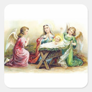 Vintage Engel umgeben Jesuskind und Maria Quadratischer Aufkleber