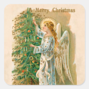 Vintage-Engel-und-Baum-Weihnachtsfeiertags-Aufkleb Quadratischer Aufkleber