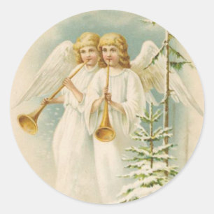 Vintage-Engel und Bäume Weihnachts-Feiertags-Aufkl Runder Aufkleber