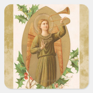 Vintage-Engel-und-Horn-Weihnachtsfeiertags-Aufkleb Quadratischer Aufkleber
