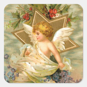 Vintage-Engel und Stern-Weihnachtsfeiertags-Aufkle Quadratischer Aufkleber