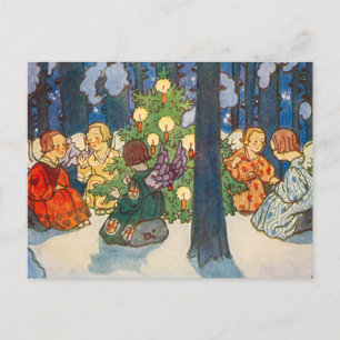 Vintage-Engel- und Weihnachtsbaum-Gemälde Feiertag Feiertagspostkarte