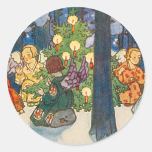 Vintage-Engel- und Weihnachtsbaum-Malerei Feiertag Runder Aufkleber