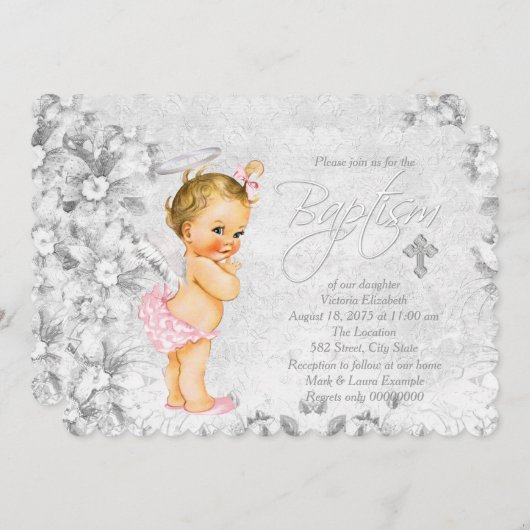 Vintage Engelrosa und Grautaufe Einladung (Vorne/Hinten)