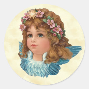 Vintage Engels-Rosa-Blumen-Blau-Flügel Runder Aufkleber