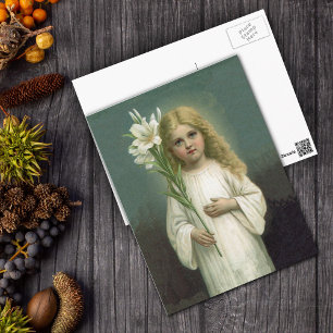 Vintage Engelsmädchen weißes Kleid Lilienblumen Postkarte