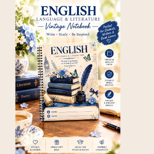Vintage-Englisch-Literatur-Notizbuch Blaue Blume Notizblock