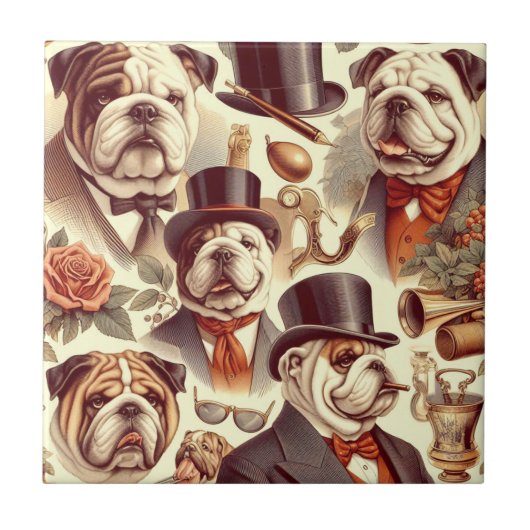 Vintage englische Bulldog - Nahtlose Illustration Fliese (Vorderseite)