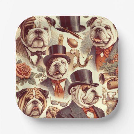 Vintage englische Bulldog - Nahtlose Illustration Pappteller (Vorderseite)