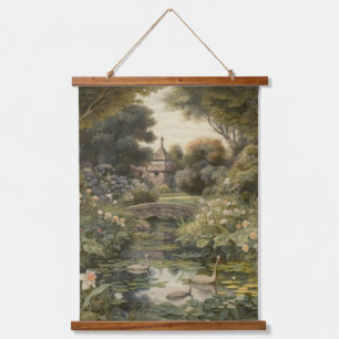 Vintage englische Gartenschwan-Idylle Wandbild Wandteppich Mit Holzrahmen