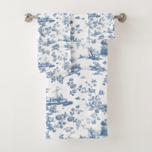 Vintage englisches Blumen-Toile de Jouy-Blau Badhandtuch Set