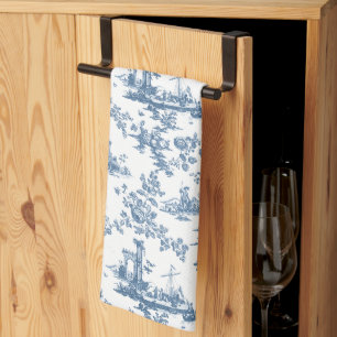 Vintage englisches Blumen-Toile de Jouy-Blau Geschirrtuch