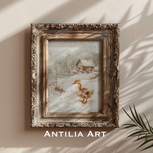 Vintage Entenmalerei Rustikale Schneelandschaft Poster