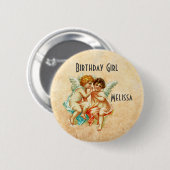Vintage Ephemera Engel Cherubs Geburtstagsmädchen Button (Vorne & Hinten)