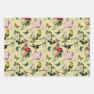 Vintage-Ephemera-Rosen-Schmetterlinge- und Vögel-M Geschenkpapier Set