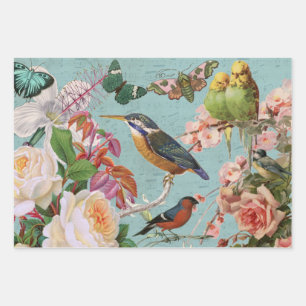 Vintage-Ephemera Rosen Schmetterlinge & Vögel Coll Geschenkpapier Set