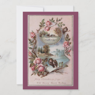 Vintage Ephemera Weihnachtsvögel Landschaft Floral Feiertagskarte
