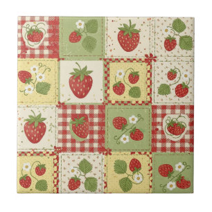 Vintage-Erdbeer-Patchwork-Cottagecore-Muster Fliese