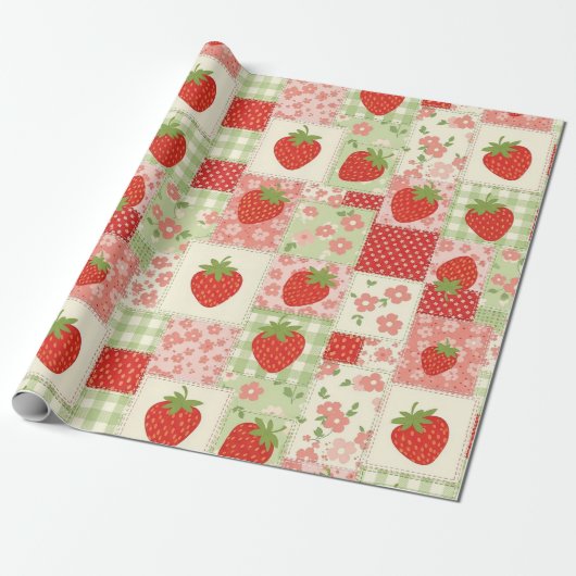 Vintage-Erdbeer-Picknick-Patchwork-Muster Geschenkpapier (Ungerollt)