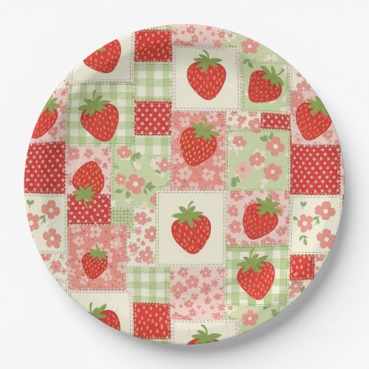 Vintage-Erdbeer-Picknick-Patchwork-Muster Pappteller (Vorderseite)