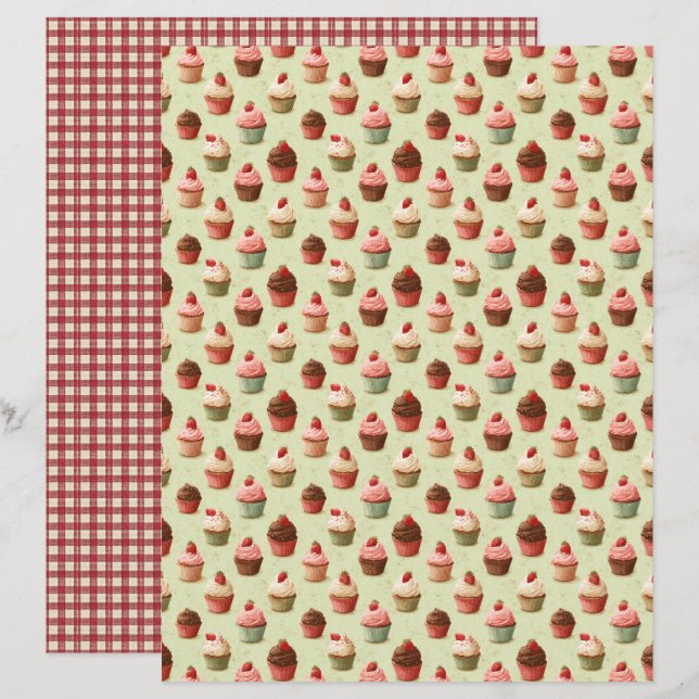 Vintage-Erdbeercupcake-Schabonenpapier (Vorne/Hinten)