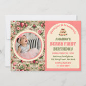 Vintage Erdbeere 1. Geburtstag Party Foto Einladung (Vorderseite)