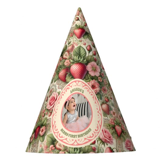 Vintage Erdbeere 1. Geburtstag Party Foto Partyhütchen (Vorderseite)
