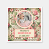 Vintage Erdbeere 1. Geburtstag Party Foto Serviette (Vorderseite)