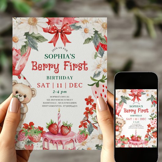 Vintage-Erdbeere Berry Erste Geburtstagseinladung Einladung