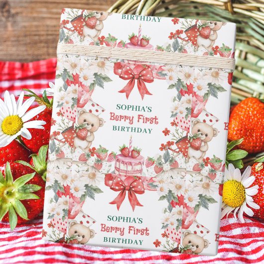 Vintage Erdbeere Erste Geburtstagsfeier Geschenkpapier