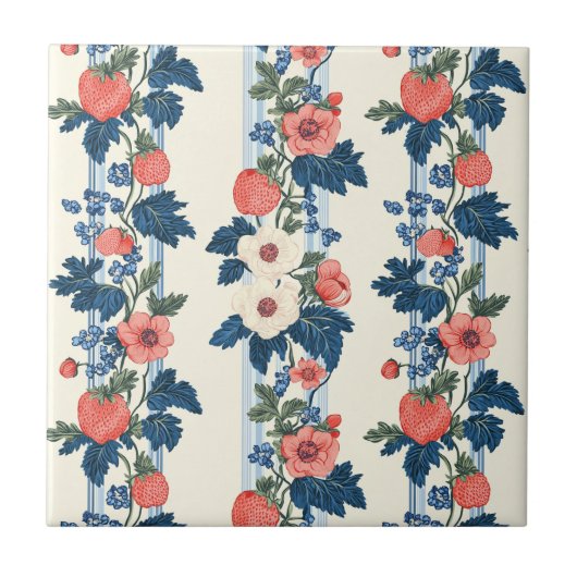 Vintage Erdbeeren & Blaue Blätter Blumenmuster Fliese (Vorderseite)