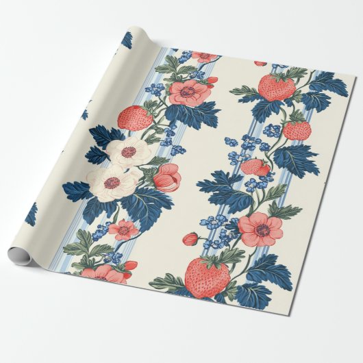 Vintage Erdbeeren & Blaue Blätter Blumenmuster Geschenkpapier (Ungerollt)