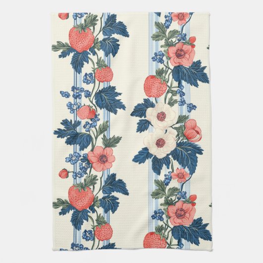 Vintage Erdbeeren & Blaue Blätter Blumenmuster Geschirrtuch (Vertikal)