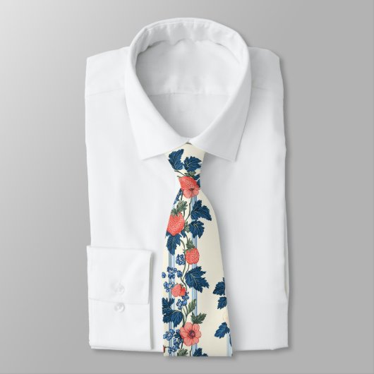 Vintage Erdbeeren & Blaue Blätter Blumenmuster Krawatte (Gebunden)