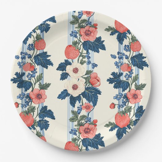 Vintage Erdbeeren & Blaue Blätter Blumenmuster Pappteller (Vorderseite)