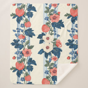 Vintage Erdbeeren & Blaue Blätter Blumenmuster Sherpadecke