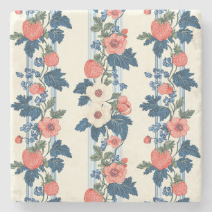 Vintage Erdbeeren & Blaue Blätter Blumenmuster Steinuntersetzer